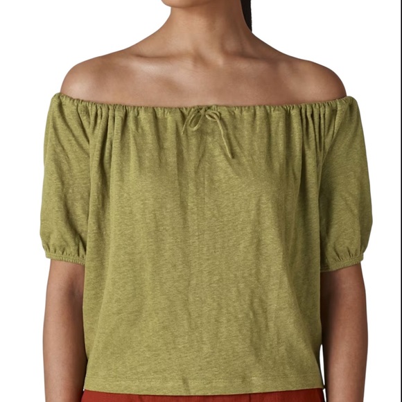 Whistles Women’s Olive 100% Linen Drawstring Off The Shoulder Bardot Top- Small - Picture 1 of 12